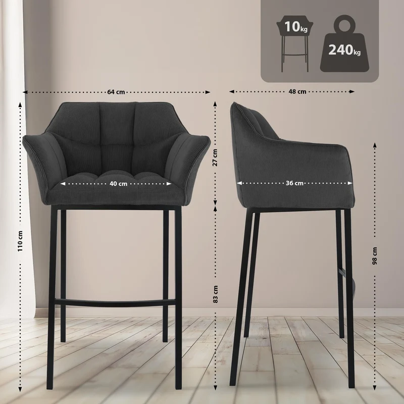 Tabouret de bar x1 assise enveloppante capitonnée en velours côtelé gris foncé avec structure à 4 pieds en métal noir 10_0005894