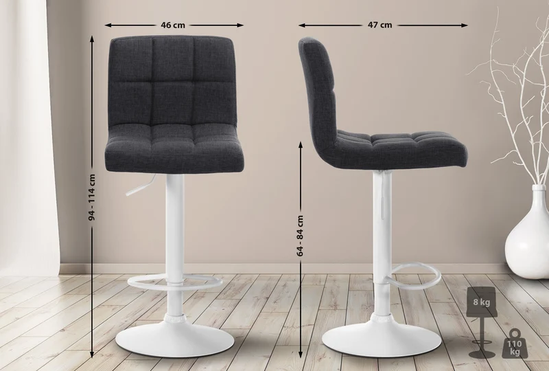 Lot de 2 tabourets de bar style contemporain en tissu matelassé gris foncé cadre métal blanc 10_0006131