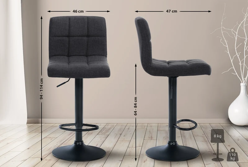 Tabouret de bar x1 style contemporain en tissu matelassé gris foncé cadre métal noir 10_0005786