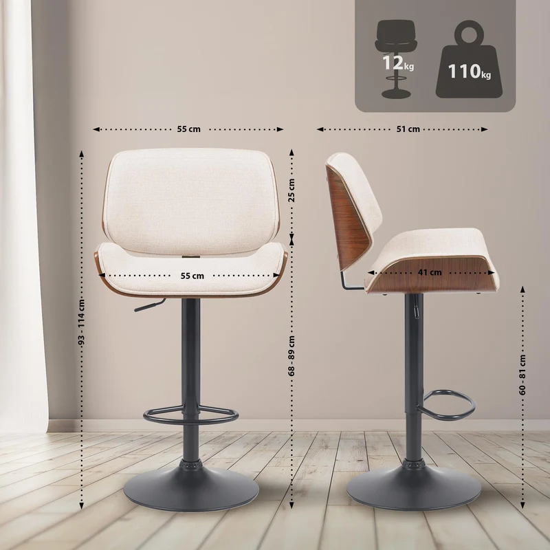 Tabouret de bar x1 style moderne rétro en tissu crème assise en bois courbé couleur noyer cadre métal noir 10_0005860