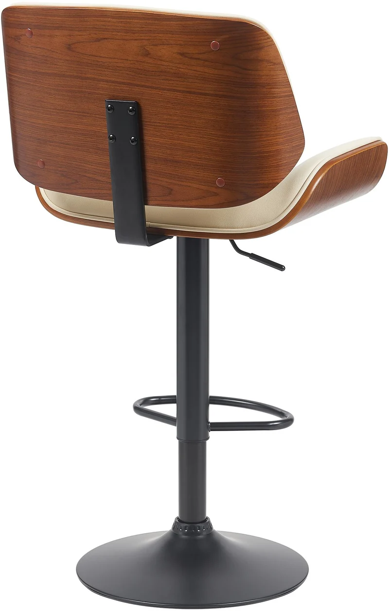 Tabouret de bar x1 style moderne rétro en PVC crème assise en bois courbé couleur noyer cadre métal noir 10_0005846