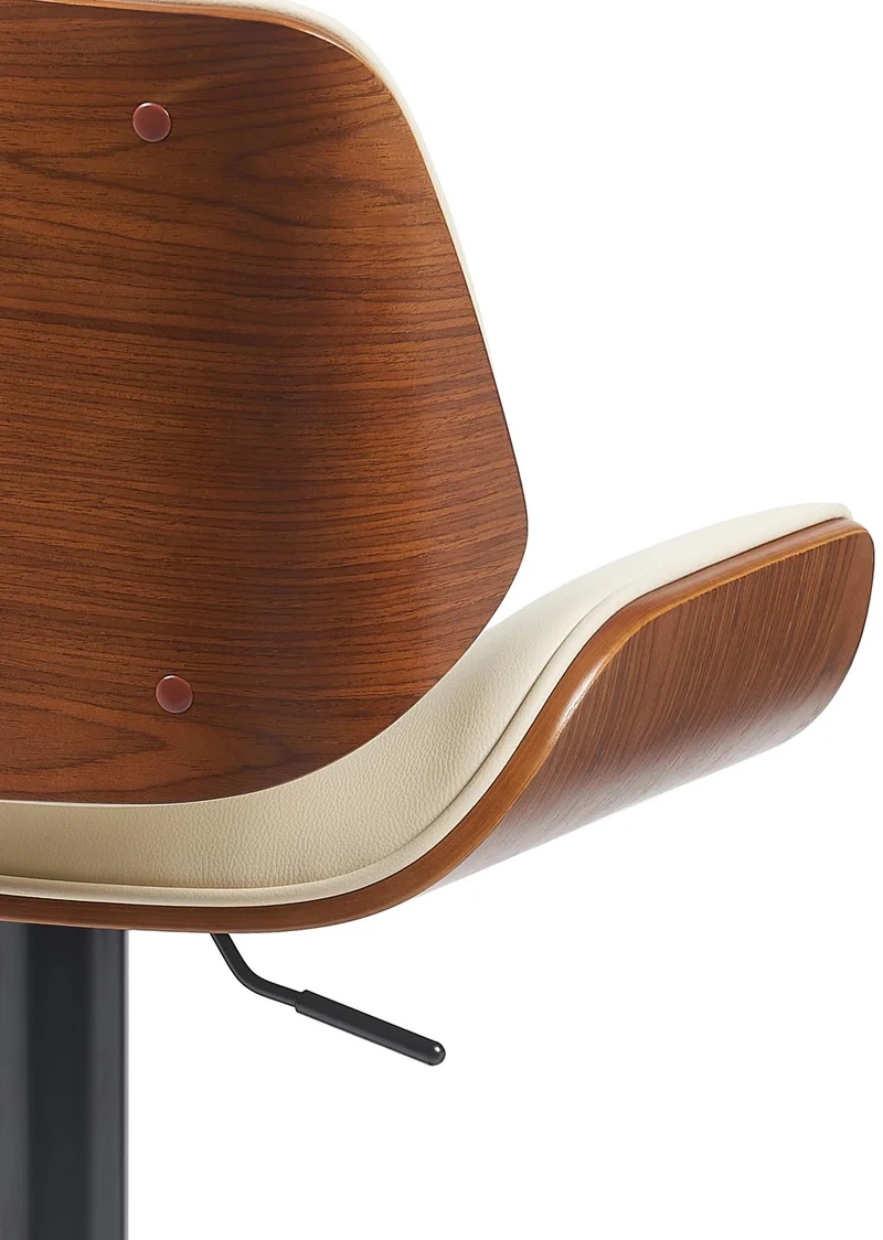 Tabouret de bar x1 style moderne rétro en PVC crème assise en bois courbé couleur noyer cadre métal noir 10_0005846