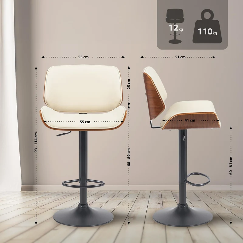 Tabouret de bar x1 style moderne rétro en PVC crème assise en bois courbé couleur noyer cadre métal noir 10_0005846