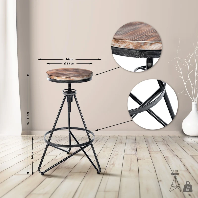 Tabouret de bar x1 réglable en bois massif et métal argenté - Style atelier vintage industriel 10_0005822