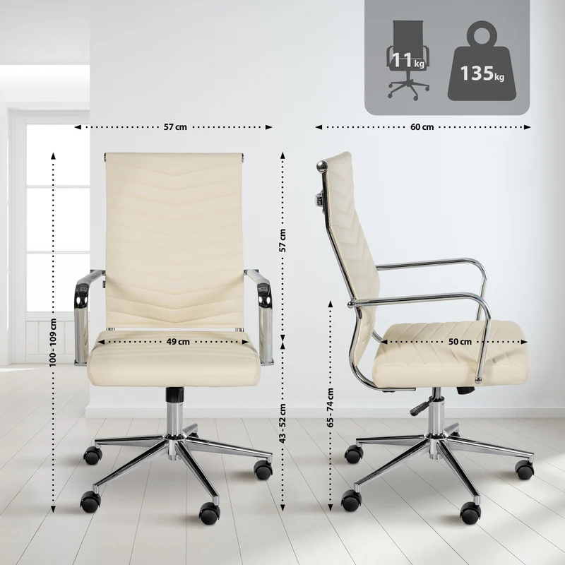 Fauteuil de bureau design ergonomique inclinaison intégrée avec accoudoirs en similicuir crème et métal chromé 10_0006972
