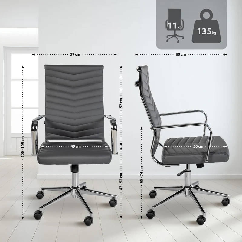Fauteuil de bureau design ergonomique inclinaison intégrée avec accoudoirs en similicuir gris et métal chromé 10_0006956