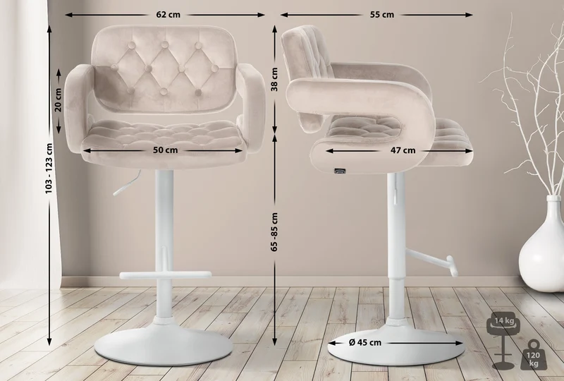 Tabouret de bar x1 design moderne assise capitonnée velours crème pied métal blanc 10_0006510