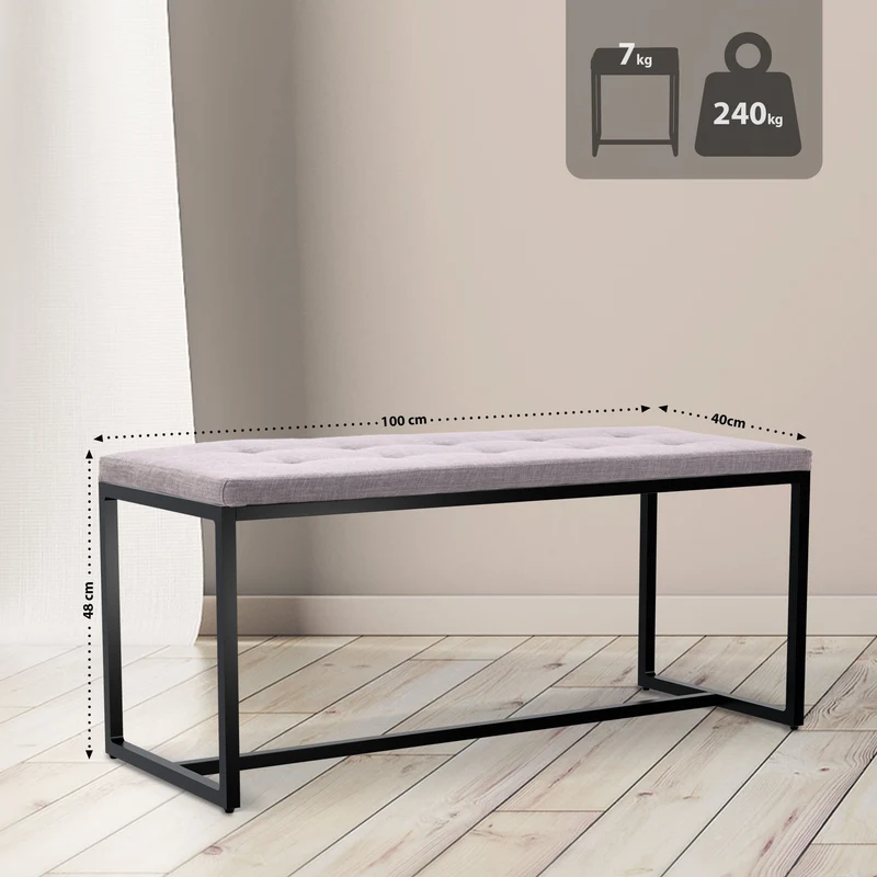Banc d’entrée contemporain largeur 100cm à structure en métal noir assise capitonnée en tissu grise 10_0006313