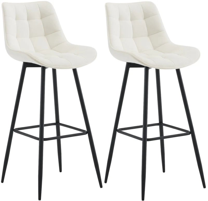 Lot de 2 tabourets de bar coutures décoratives carrées avec repose-pieds en velours crème quatre pieds en métal 10_0006281