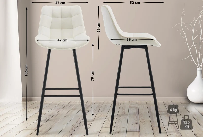Tabouret de bar x1 coutures décoratives carrées avec repose-pieds en velours crème quatre pieds en métal 10_0005911