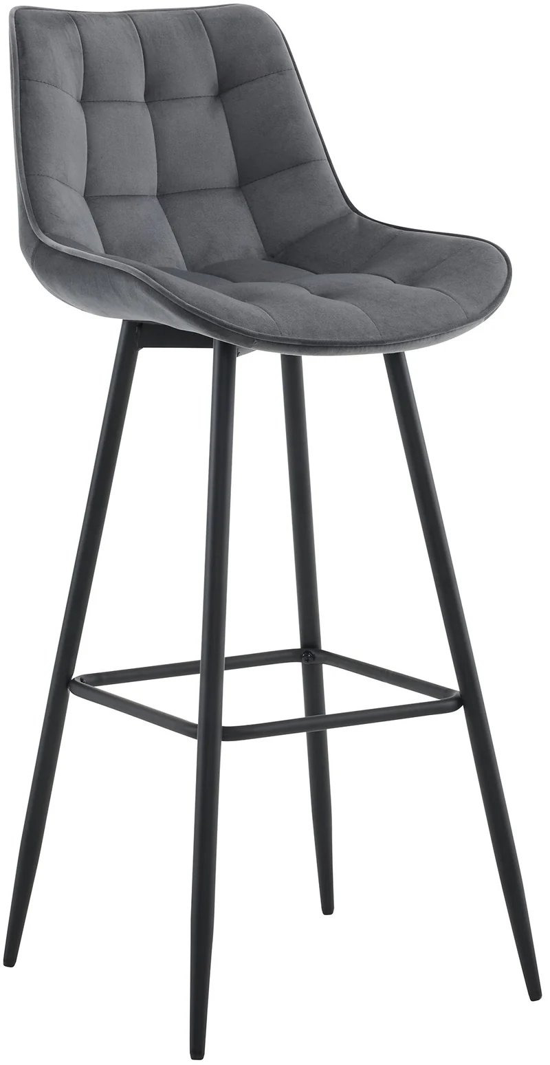Tabouret de bar x1 coutures décoratives carrées avec repose-pieds en velours gris foncé quatre pieds en métal 10_0005864