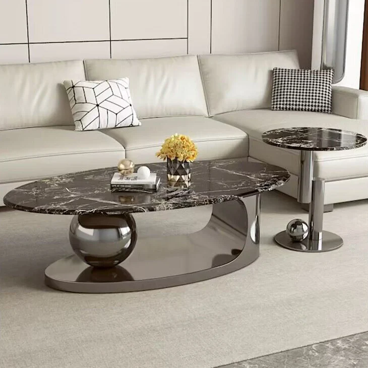 Contemporary Scandinavian Oval Round Orb Rock Slab Metal End Table 1-Tier For Living Room