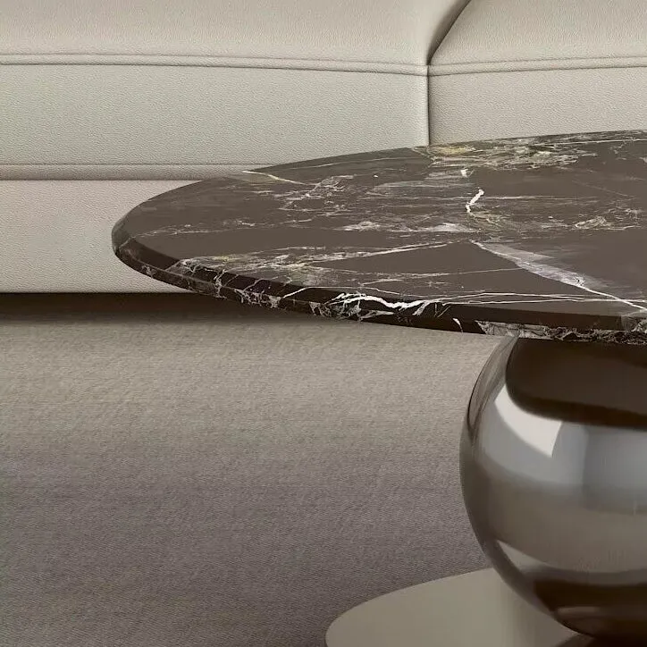 Contemporary Scandinavian Oval Round Orb Rock Slab Metal End Table 1-Tier For Living Room