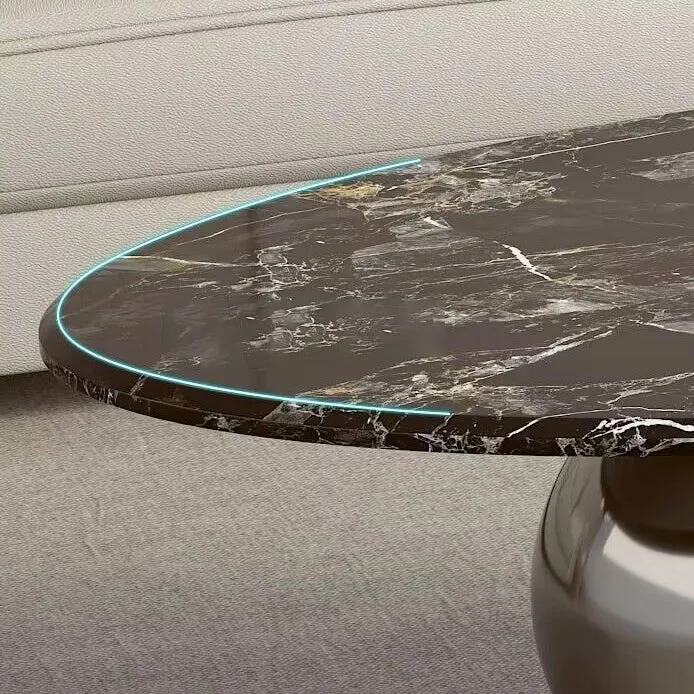 Contemporary Scandinavian Oval Round Orb Rock Slab Metal End Table 1-Tier For Living Room