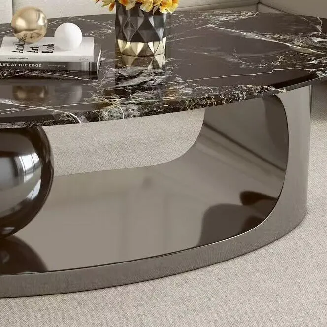 Contemporary Scandinavian Oval Round Orb Rock Slab Metal End Table 1-Tier For Living Room