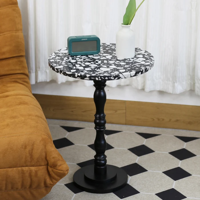 Contemporary Scandinavian Round Roman Column Terrazzo Travertine Wood End Table For Living Room