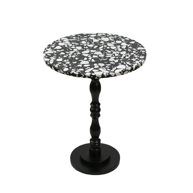 Contemporary Scandinavian Round Roman Column Terrazzo Travertine Wood End Table For Living Room