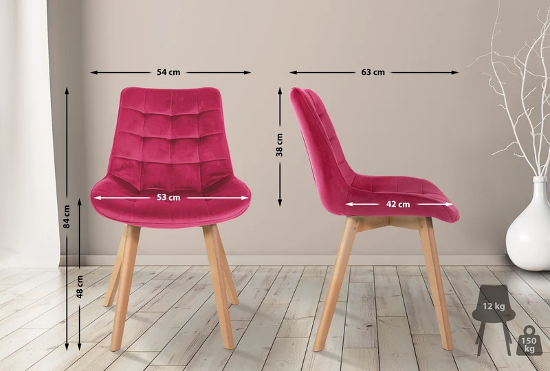 Chaise de salle à manger x1 style scandinave motif matelassé en velours rouge cadre en bois 10_0007130