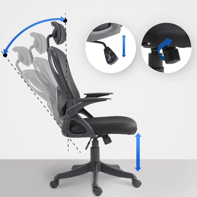 Fauteuil de bureau ergonomique pivotant réglable mécanisme de bascule accoudoirs tissu et plastique noir 10_0006934