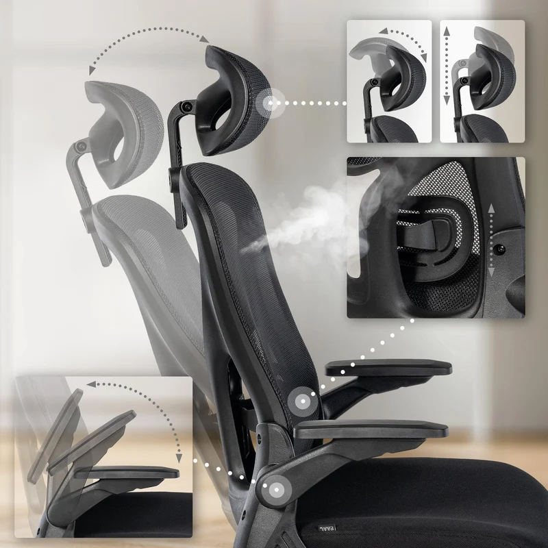 Fauteuil de bureau soutien lombaire réglable en hauteur appui-tête en tissu et plastique noir 10_0006933