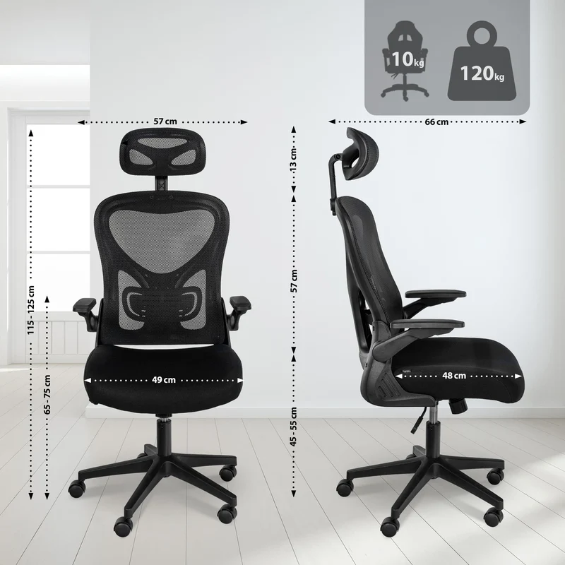 Fauteuil de bureau soutien lombaire réglable en hauteur appui-tête en tissu et plastique noir 10_0006933