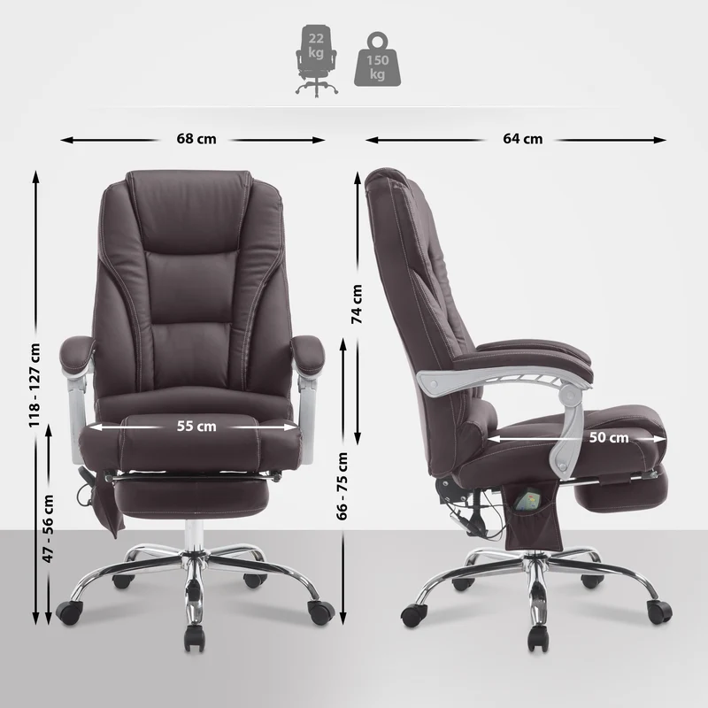 Fauteuil de bureau avec fonction massage repose-pieds en cuir synthétique marron foncé et métal 10_0006931
