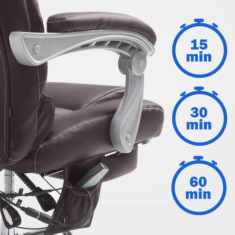 Fauteuil de bureau avec fonction massage repose-pieds en cuir synthétique marron foncé et métal 10_0006931