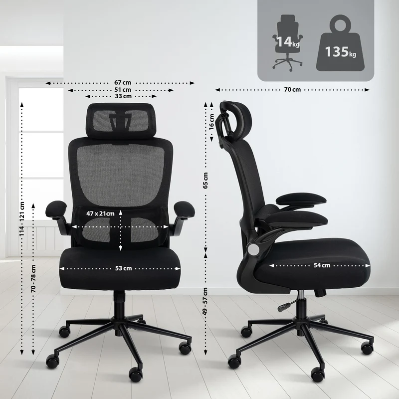 Chaise de bureau soutien lombaire appuie-tête réglable accoudoirs siège pivotant en filet de nylon noir et acier 10_0006927