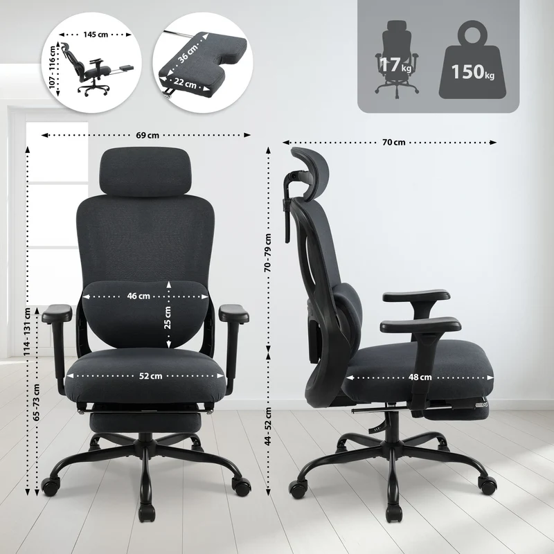 Fauteuil de bureau ergonomique pivotant accoudoirs multifonctions repose-pieds extensible en tissu et plastique noir 10_0006925