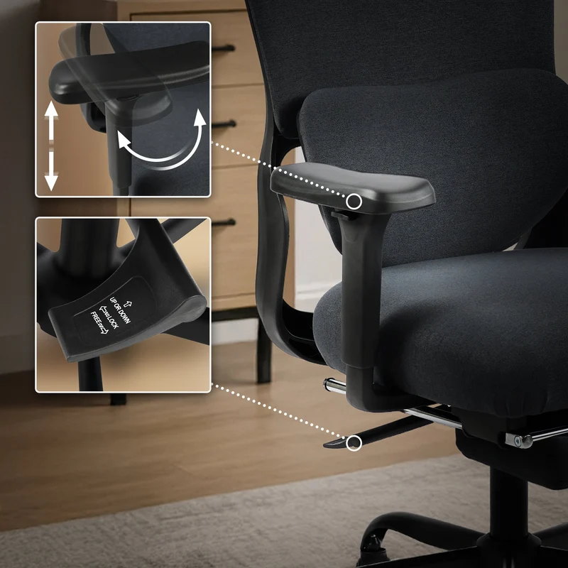 Fauteuil de bureau ergonomique pivotant accoudoirs multifonctions repose-pieds extensible en tissu et plastique noir 10_0006925
