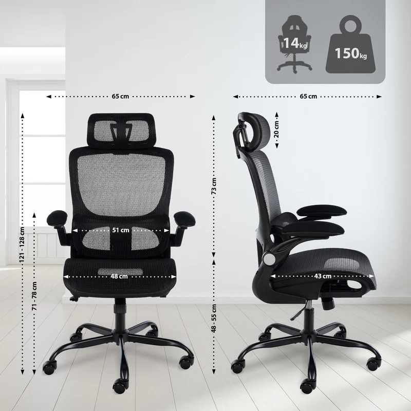 Chaise de bureau ergonomique mécanisme d'inclinaison appui-tête accoudoirs en plastique et maille noir 10_0006924
