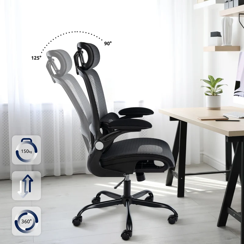 Chaise de bureau ergonomique mécanisme d'inclinaison appui-tête accoudoirs en plastique et maille noir 10_0006924