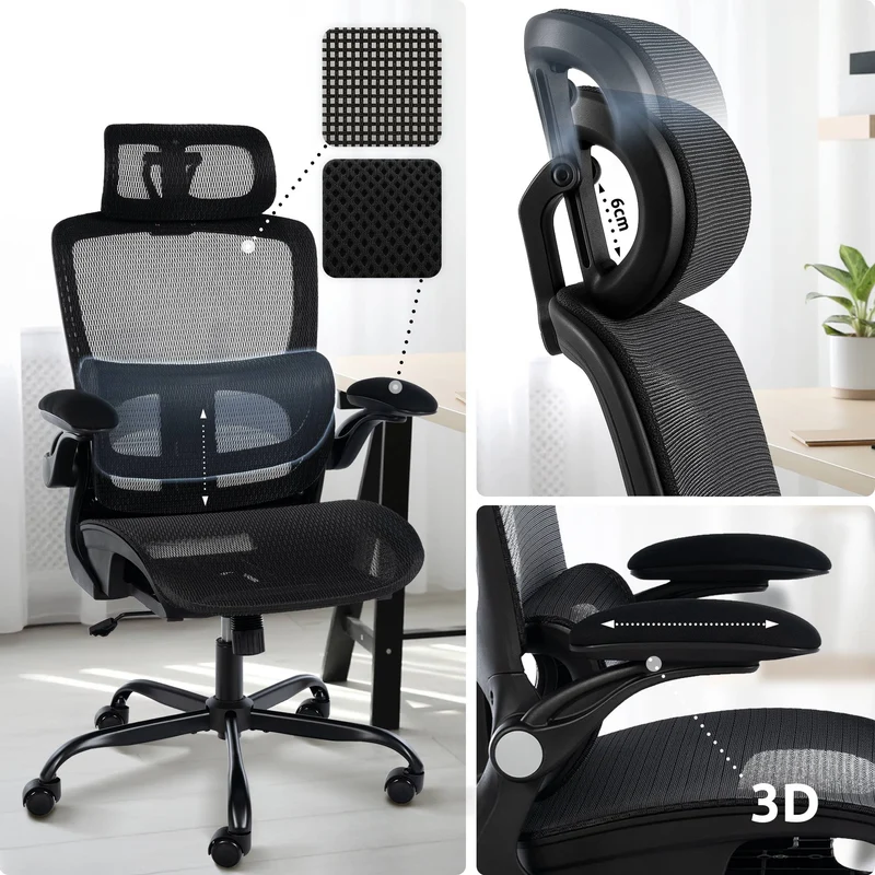Chaise de bureau ergonomique mécanisme d'inclinaison appui-tête accoudoirs en plastique et maille noir 10_0006924