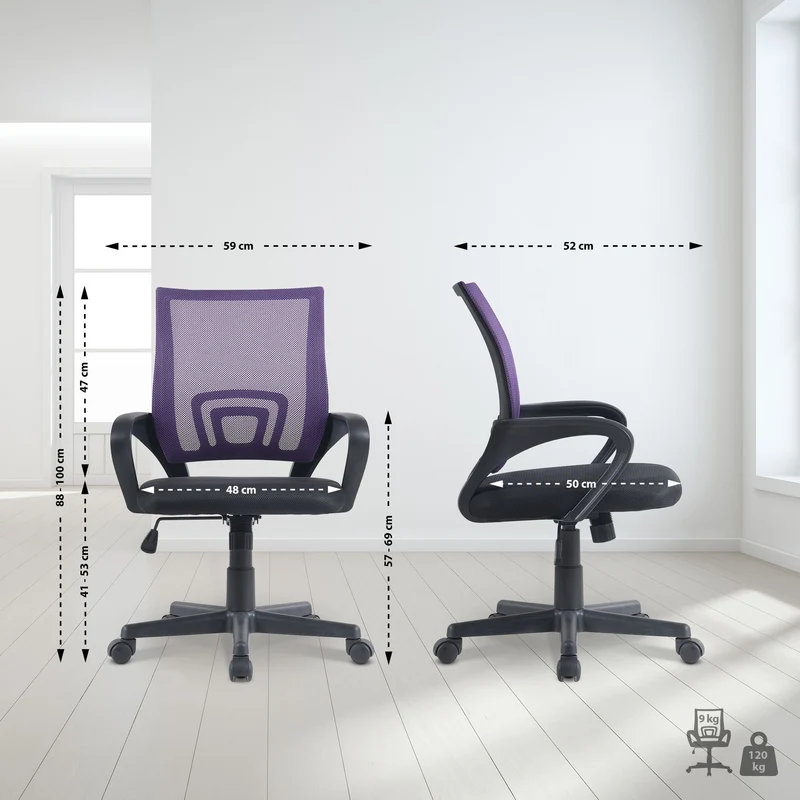 Chaise de bureau sur roulettes hauteur réglable accoudoirs en maille violet cadre plastique noir 10_0006922