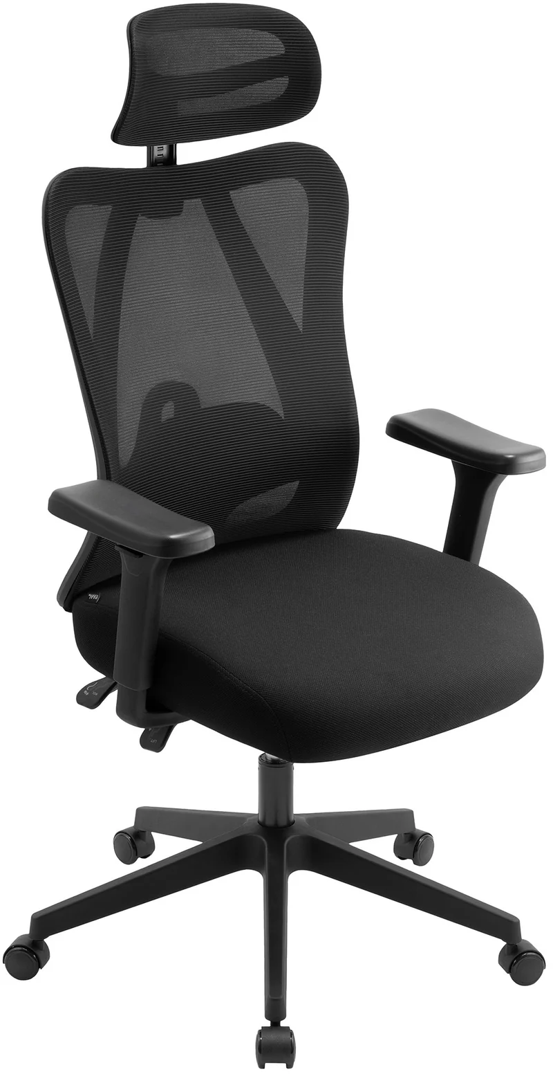 Fauteuil de bureau soutien lombaire réglable en hauteur appui-tête en tissu noir cadre plastique 10_0006918