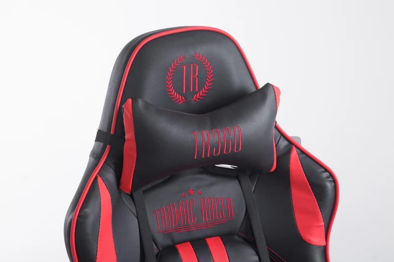 Fauteuil de bureau accoudoirs pivotants avec repose-pieds similicuir noir / rouge cadre métal 10_0006916
