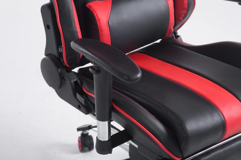 Fauteuil de bureau accoudoirs pivotants avec repose-pieds similicuir noir / rouge cadre métal 10_0006916