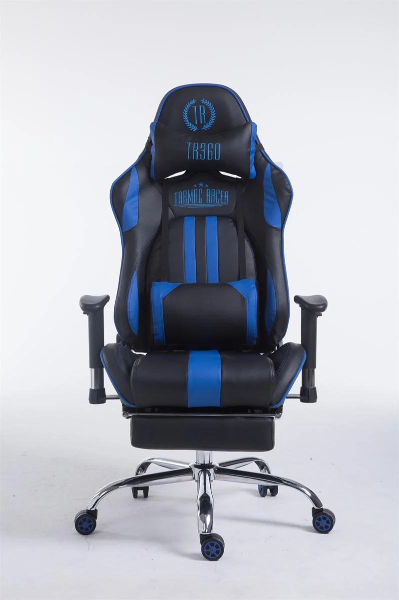 Fauteuil de bureau accoudoirs pivotants avec repose-pieds similicuir noir / bleu cadre métal 10_0006915