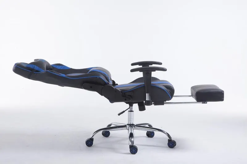 Fauteuil de bureau accoudoirs pivotants avec repose-pieds similicuir noir / bleu cadre métal 10_0006915