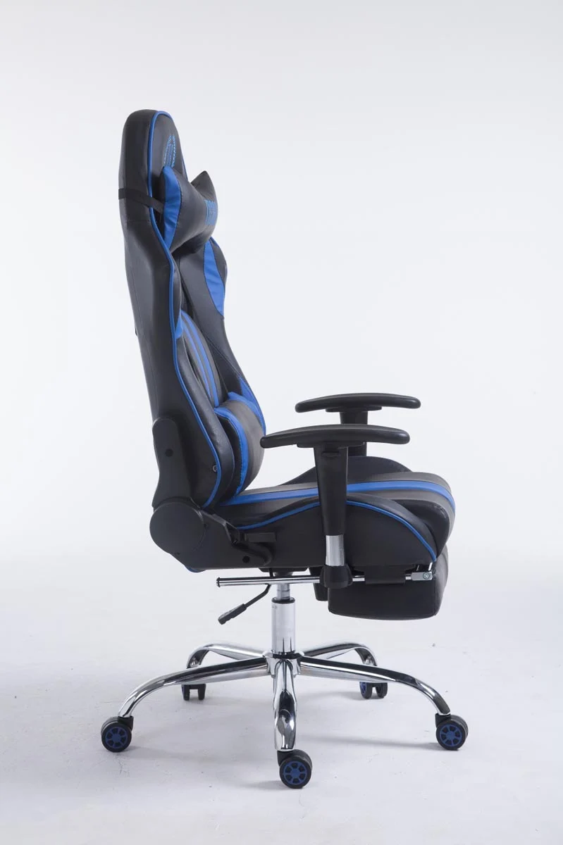 Fauteuil de bureau accoudoirs pivotants avec repose-pieds similicuir noir / bleu cadre métal 10_0006915
