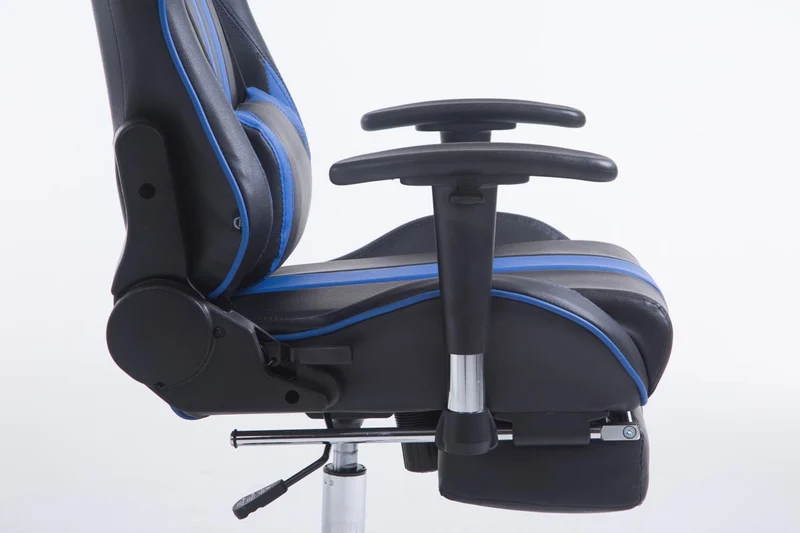 Fauteuil de bureau accoudoirs pivotants avec repose-pieds similicuir noir / bleu cadre métal 10_0006915