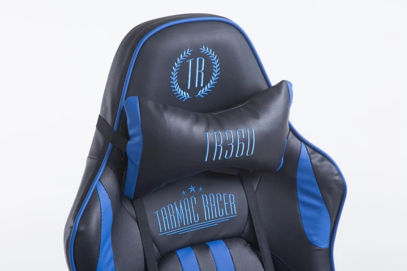 Fauteuil de bureau accoudoirs pivotants avec repose-pieds similicuir noir / bleu cadre métal 10_0006915