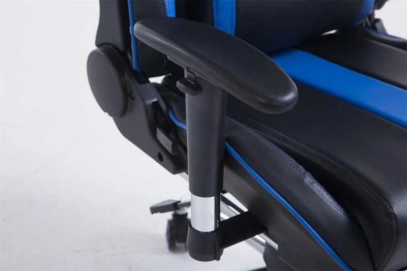 Fauteuil de bureau accoudoirs pivotants avec repose-pieds similicuir noir / bleu cadre métal 10_0006915