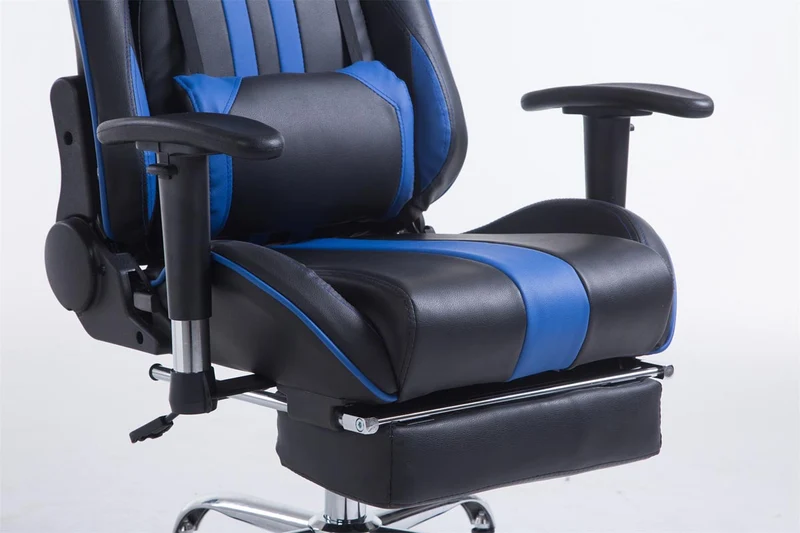 Fauteuil de bureau accoudoirs pivotants avec repose-pieds similicuir noir / bleu cadre métal 10_0006915