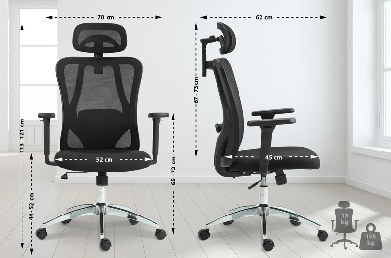 Chaise de bureau pivotante et réglable mécanisme de bascule accoudoirs appui-tête tissu résille noir 10_0006911