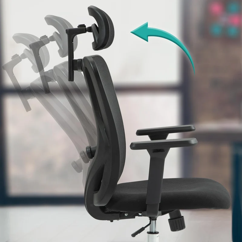 Chaise de bureau pivotante et réglable mécanisme de bascule accoudoirs appui-tête tissu résille noir 10_0006911