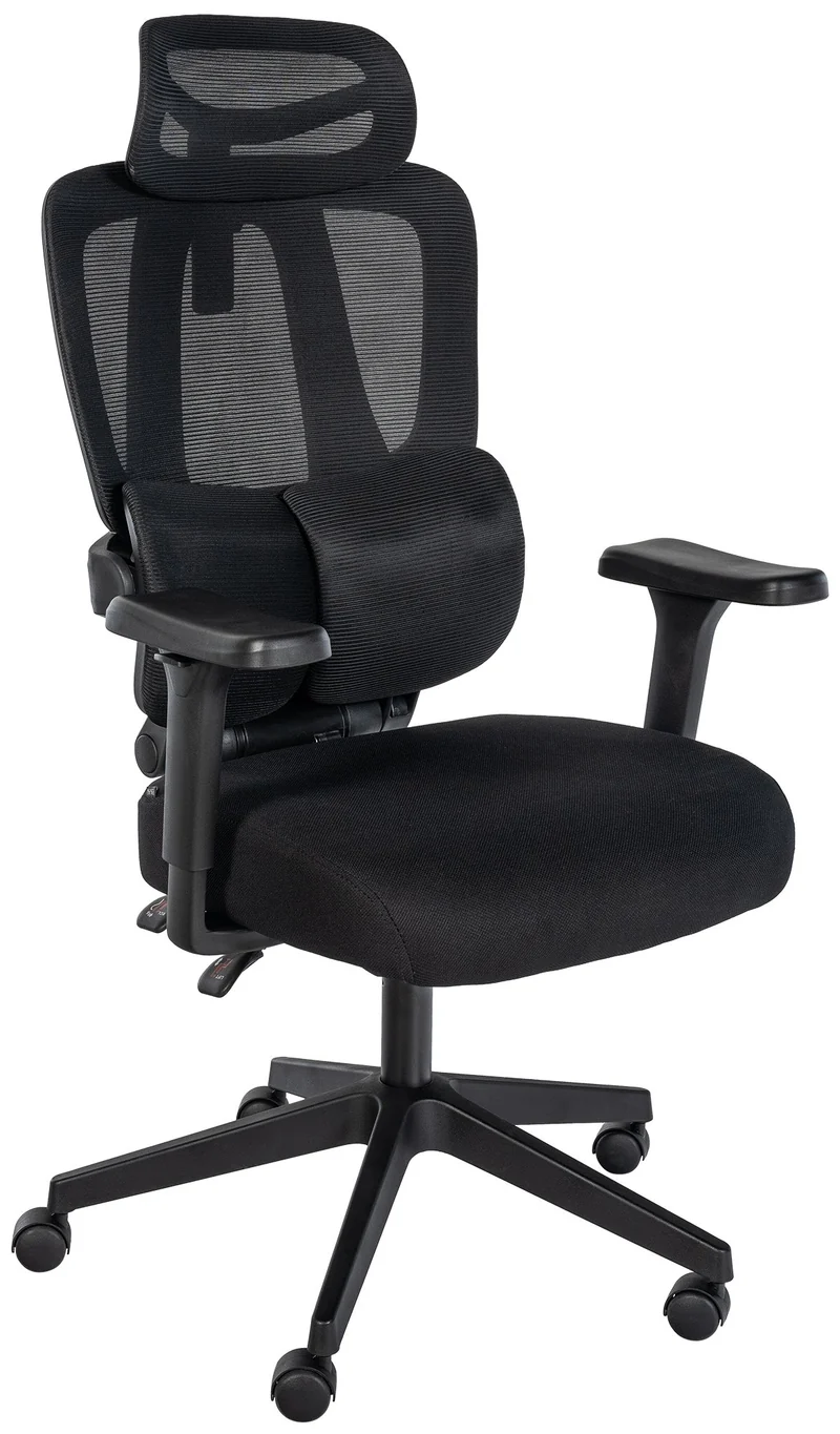Chaise de bureau avec soutien lombaire appui-tête réglable accoudoirs en tissu noir cadre plastique 10_0006904
