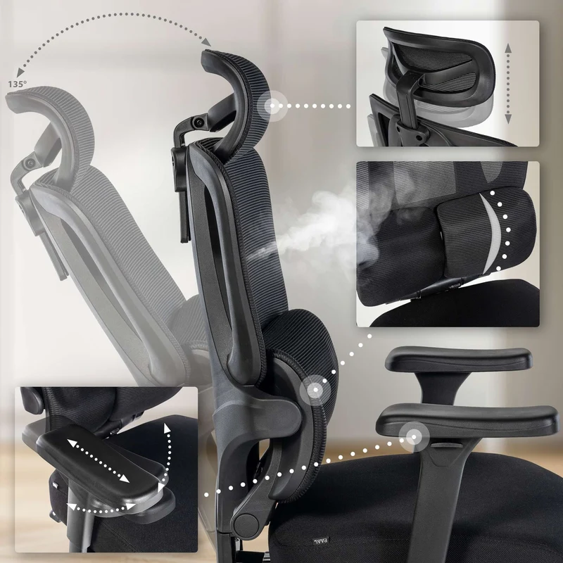 Chaise de bureau avec soutien lombaire appui-tête réglable accoudoirs en tissu noir cadre plastique 10_0006904