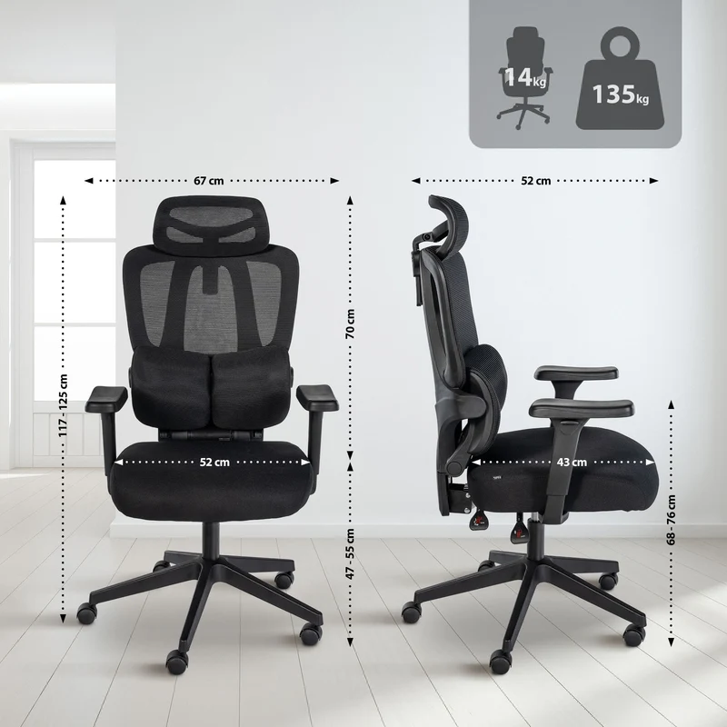Chaise de bureau avec soutien lombaire appui-tête réglable accoudoirs en tissu noir cadre plastique 10_0006904