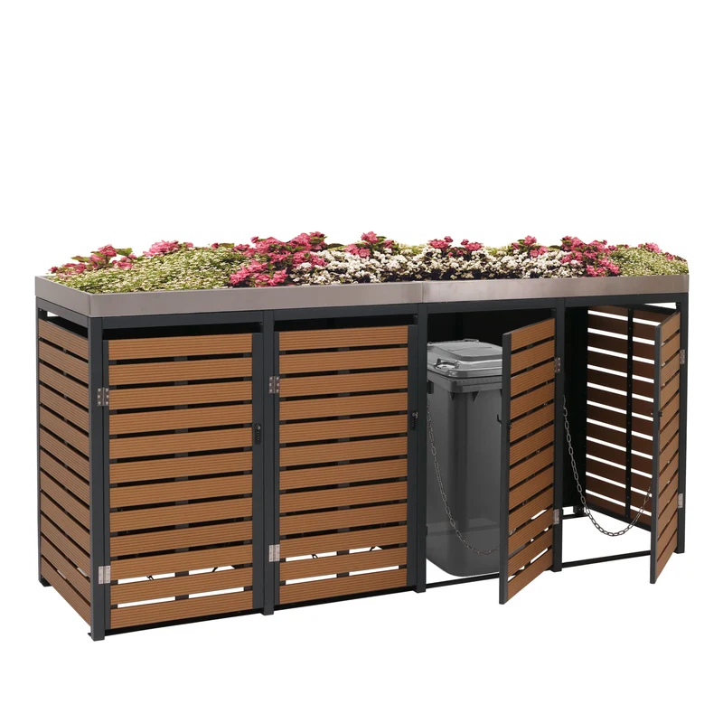 Abris poubelles 4 compartiments avec bac à plantes 124 x 265 x 84 cm WPC acier inoxydable et acier galvanisé aspect teck 04_0007559